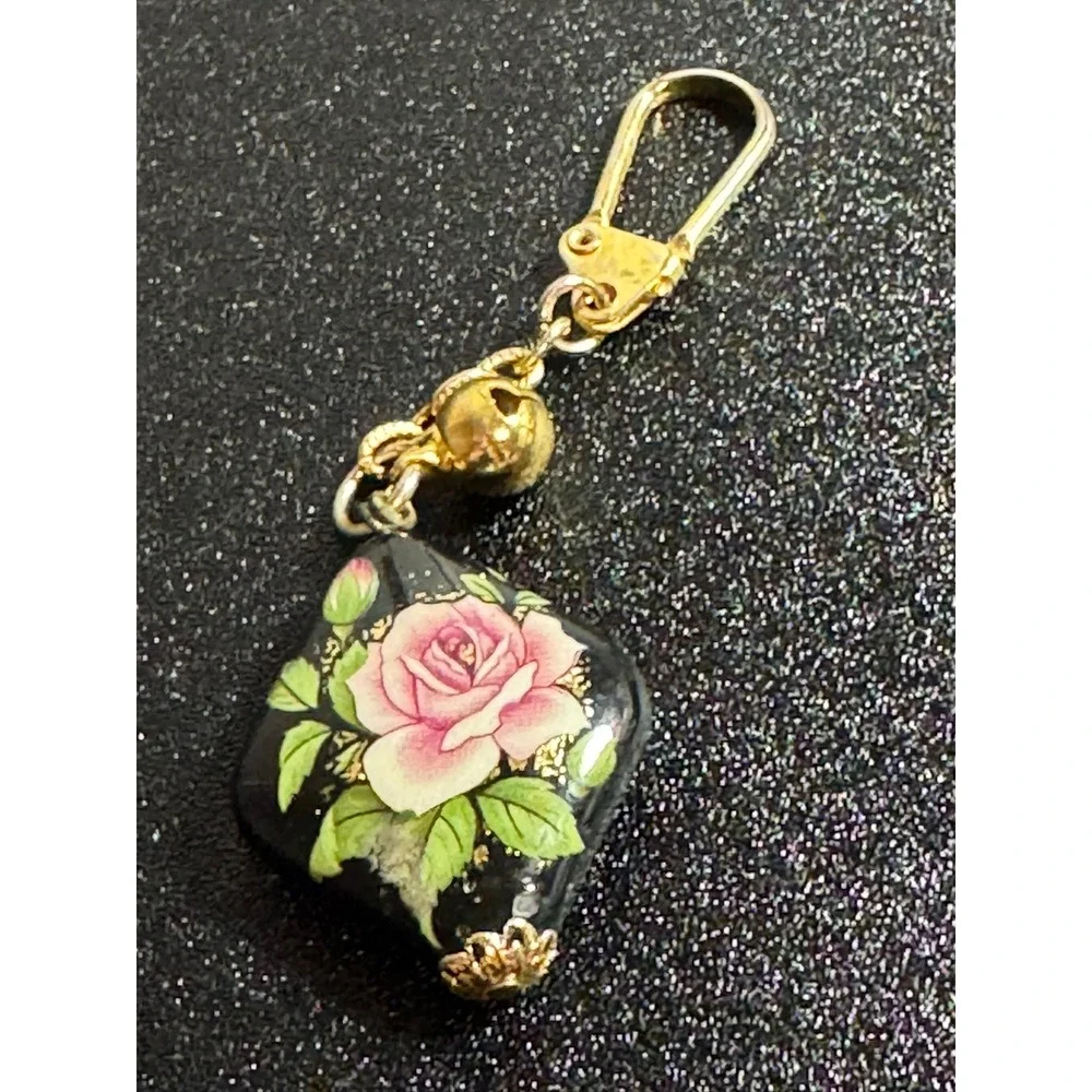 Dainty‎ Rose Charm Keychain Gold Tone Bell Floral Art Black Enamel Pendant